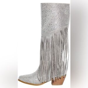 Richealnana Calf High Knee High Boots for Women Sparkle Rhinestones Clear Gems